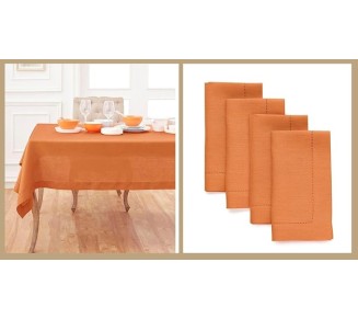 100% Pure Linen Dinner Napkins and Tablecloth Combo - Pumpkin, Linen Cloth Fabric Napkins 20 x 20 Inch, Set of 4 and Tablecloth 60 x 108 Inch - Classic Hemstitch