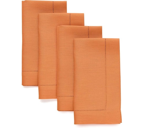 100% Pure Linen Dinner Napkins and Tablecloth Combo - Pumpkin, Linen Cloth Fabric Napkins 20 x 20 Inch, Set of 4 and Tablecloth 60 x 108 Inch - Classic Hemstitch