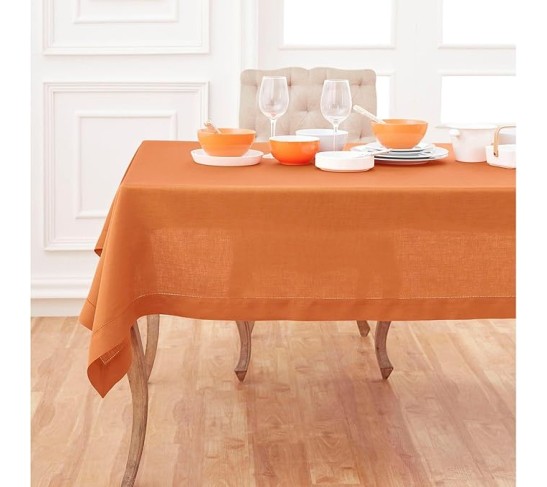 100% Pure Linen Dinner Napkins and Tablecloth Combo - Pumpkin, Linen Cloth Fabric Napkins 20 x 20 Inch, Set of 4 and Tablecloth 60 x 108 Inch - Classic Hemstitch