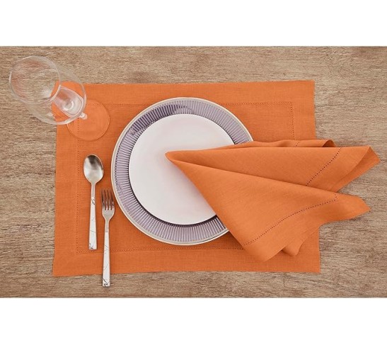 100% Pure Linen Dinner Napkins and Tablecloth Combo - Pumpkin, Linen Cloth Fabric Napkins 20 x 20 Inch, Set of 4 and Tablecloth 60 x 108 Inch - Classic Hemstitch