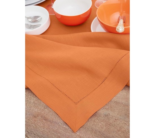 100% Pure Linen Dinner Napkins and Tablecloth Combo - Pumpkin, Linen Cloth Fabric Napkins 20 x 20 Inch, Set of 4 and Tablecloth 60 x 108 Inch - Classic Hemstitch