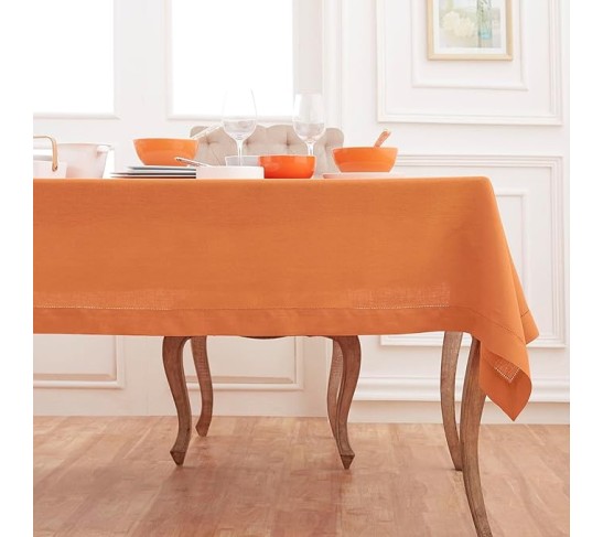 100% Pure Linen Dinner Napkins and Tablecloth Combo - Pumpkin, Linen Cloth Fabric Napkins 20 x 20 Inch, Set of 4 and Tablecloth 60 x 108 Inch - Classic Hemstitch