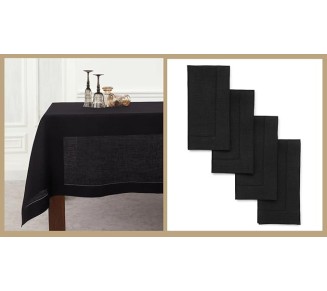 100% Pure Linen Dinner Napkins and Tablecloth Combo - Black, Linen Cloth Fabric Napkins 20 x 20 Inch, Set of 4 and Tablecloth 60 x 108 Inch - Classic Hemstitch