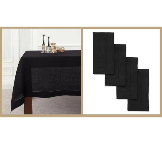 100% Pure Linen Dinner Napkins and Tablecloth Combo - Black, Linen Cloth Fabric Napkins 20 x 20 Inch, Set of 4 and Tablecloth 60 x 108 Inch - Classic Hemstitch