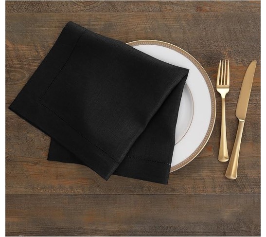 100% Pure Linen Dinner Napkins and Tablecloth Combo - Black, Linen Cloth Fabric Napkins 20 x 20 Inch, Set of 4 and Tablecloth 60 x 108 Inch - Classic Hemstitch