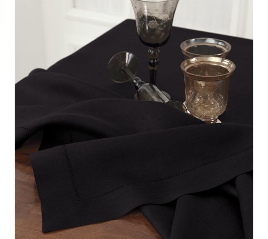 100% Pure Linen Dinner Napkins and Tablecloth Combo - Black, Linen Cloth Fabric Napkins 20 x 20 Inch, Set of 4 and Tablecloth 60 x 108 Inch - Classic Hemstitch