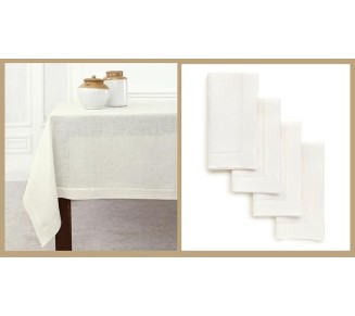 100% Pure Linen Dinner Napkins and Tablecloth Combo - Ivory, Linen Cloth Fabric Napkins 20 x 20 Inch, Set of 4 and Tablecloth 60 x 90 Inch - Classic Hemstitch