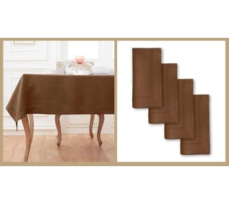 100% Pure Linen Dinner Napkins and Tablecloth Combo - Brown, Linen Cloth Fabric Napkins 20 x 20 Inch, Set of 4 and Tablecloth 60 x 108 Inch - Classic Hemstitch
