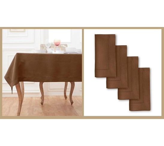 100% Pure Linen Dinner Napkins and Tablecloth Combo - Brown, Linen Cloth Fabric Napkins 20 x 20 Inch, Set of 4 and Tablecloth 60 x 108 Inch - Classic Hemstitch
