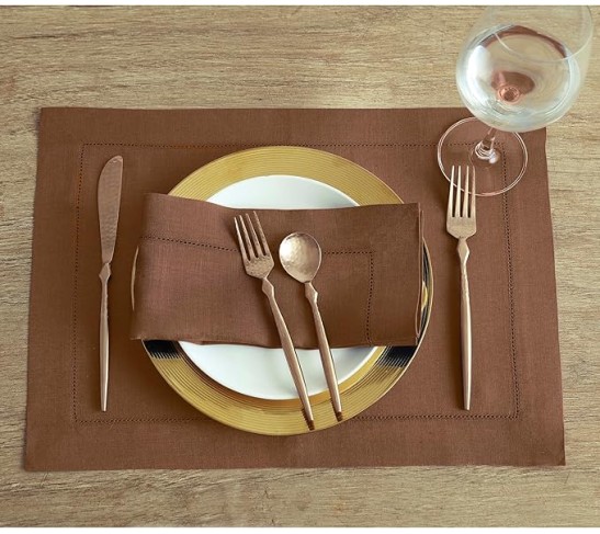 100% Pure Linen Dinner Napkins and Tablecloth Combo - Brown, Linen Cloth Fabric Napkins 20 x 20 Inch, Set of 4 and Tablecloth 60 x 108 Inch - Classic Hemstitch
