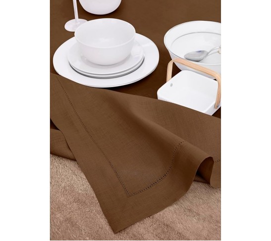 100% Pure Linen Dinner Napkins and Tablecloth Combo - Brown, Linen Cloth Fabric Napkins 20 x 20 Inch, Set of 4 and Tablecloth 60 x 108 Inch - Classic Hemstitch