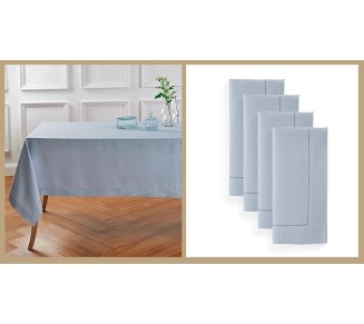 100% Pure Linen Dinner Napkins and Tablecloth Combo - Dusty Blue, Linen Cloth Fabric Napkins 20 x 20 Inch, Set of 4 and Tablecloth 60 x 108 Inch - Classic Hemstitch