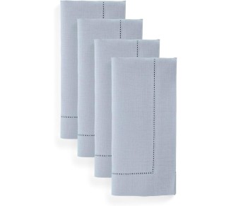 100% Pure Linen Dinner Napkins and Tablecloth Combo - Dusty Blue, Linen Cloth Fabric Napkins 20 x 20 Inch, Set of 4 and Tablecloth 60 x 108 Inch - Classic Hemstitch