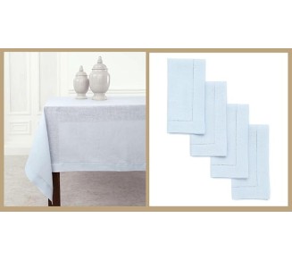 100% Pure Linen Dinner Napkins and Tablecloth Combo - Light Blue, Linen Cloth Fabric Napkins 20 x 20 Inch, Set of 4 and Tablecloth 60 x 90 Inch - Classic Hemstitch