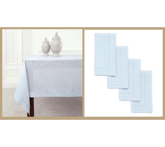 100% Pure Linen Dinner Napkins and Tablecloth Combo - Light Blue, Linen Cloth Fabric Napkins 20 x 20 Inch, Set of 4 and Tablecloth 60 x 90 Inch - Classic Hemstitch