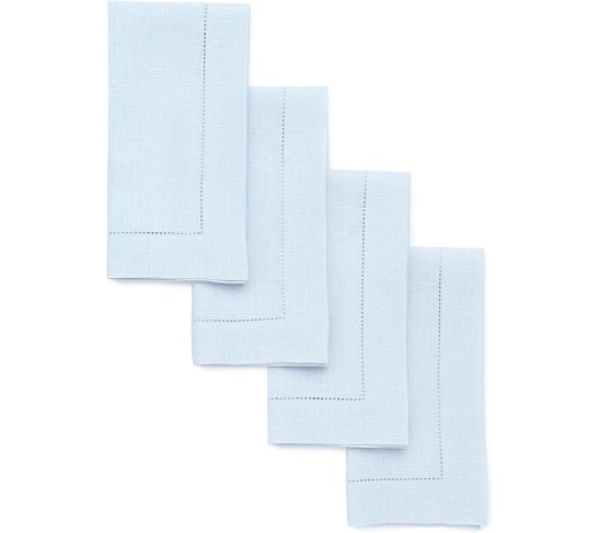 100% Pure Linen Dinner Napkins and Tablecloth Combo - Light Blue, Linen Cloth Fabric Napkins 20 x 20 Inch, Set of 4 and Tablecloth 60 x 90 Inch - Classic Hemstitch