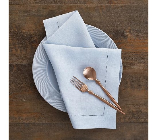 100% Pure Linen Dinner Napkins and Tablecloth Combo - Light Blue, Linen Cloth Fabric Napkins 20 x 20 Inch, Set of 4 and Tablecloth 60 x 90 Inch - Classic Hemstitch