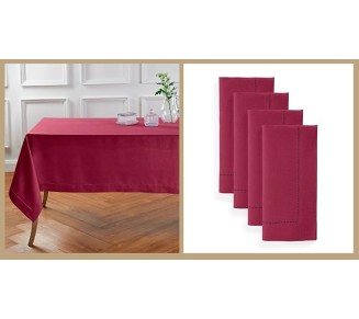 100% Pure Linen Dinner Napkins and Tablecloth Combo - Beet, Linen Cloth Fabric Napkins 20 x 20 Inch, Set of 4 and Tablecloth 60 x 120 Inch - Classic Hemstitch