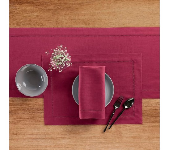 100% Pure Linen Dinner Napkins and Tablecloth Combo - Beet, Linen Cloth Fabric Napkins 20 x 20 Inch, Set of 4 and Tablecloth 60 x 120 Inch - Classic Hemstitch
