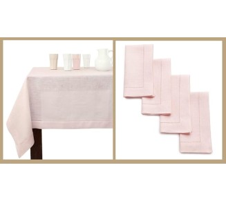 100% Pure Linen Dinner Napkins and Tablecloth Combo - Pink, Linen Cloth Fabric Napkins 20 x 20 Inch, Set of 4 and Tablecloth 60 x 120 Inch - Classic Hemstitch