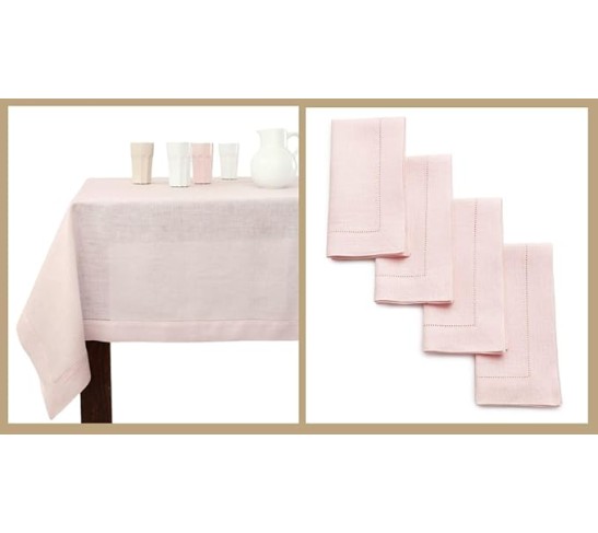 100% Pure Linen Dinner Napkins and Tablecloth Combo - Pink, Linen Cloth Fabric Napkins 20 x 20 Inch, Set of 4 and Tablecloth 60 x 120 Inch - Classic Hemstitch