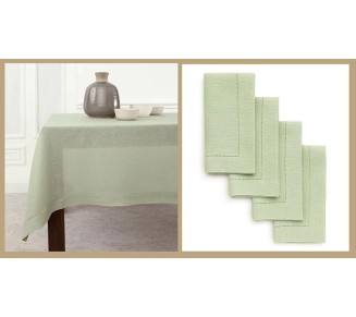 100% Pure Linen Dinner Napkins and Tablecloth Combo - Sage Green, Linen Cloth Fabric Napkins 20 x 20 Inch, Set of 4 and Tablecloth 60 x 108 Inch - Classic Hemstitch