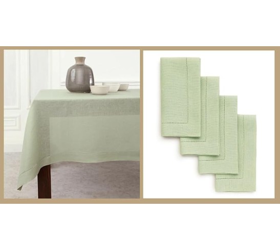 100% Pure Linen Dinner Napkins and Tablecloth Combo - Sage Green, Linen Cloth Fabric Napkins 20 x 20 Inch, Set of 4 and Tablecloth 60 x 108 Inch - Classic Hemstitch