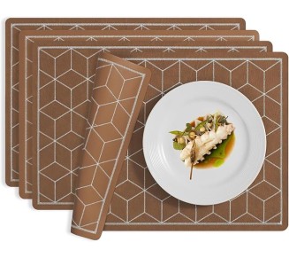 Vinyl Placemats Set of 8-12 X 17 Inch - Faux Leather 100% Waterproof Oil-Proof Wipe Clean PU Reversible Dining Table Place Mats, Suitable for Indoor & Outdoor Use, Brown - Khaki