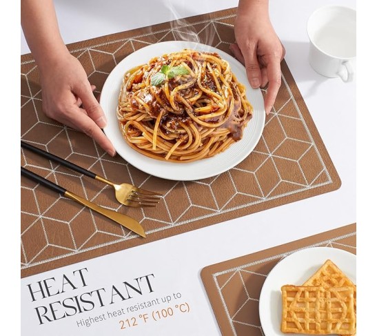 Vinyl Placemats Set of 8-12 X 17 Inch - Faux Leather 100% Waterproof Oil-Proof Wipe Clean PU Reversible Dining Table Place Mats, Suitable for Indoor & Outdoor Use, Brown - Khaki