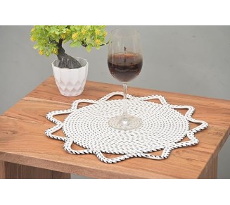 Decorative Round Placemat (Set of 4) with Circle Pattern, 16 inch, Red Cotton Rope, Heat Resistant (1, Black & White)