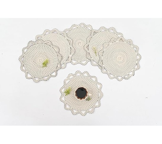 Decorative Round Placemat (Set of 4) with Circle Pattern, 16 inch, Red Cotton Rope, Heat Resistant (1, Black & White)